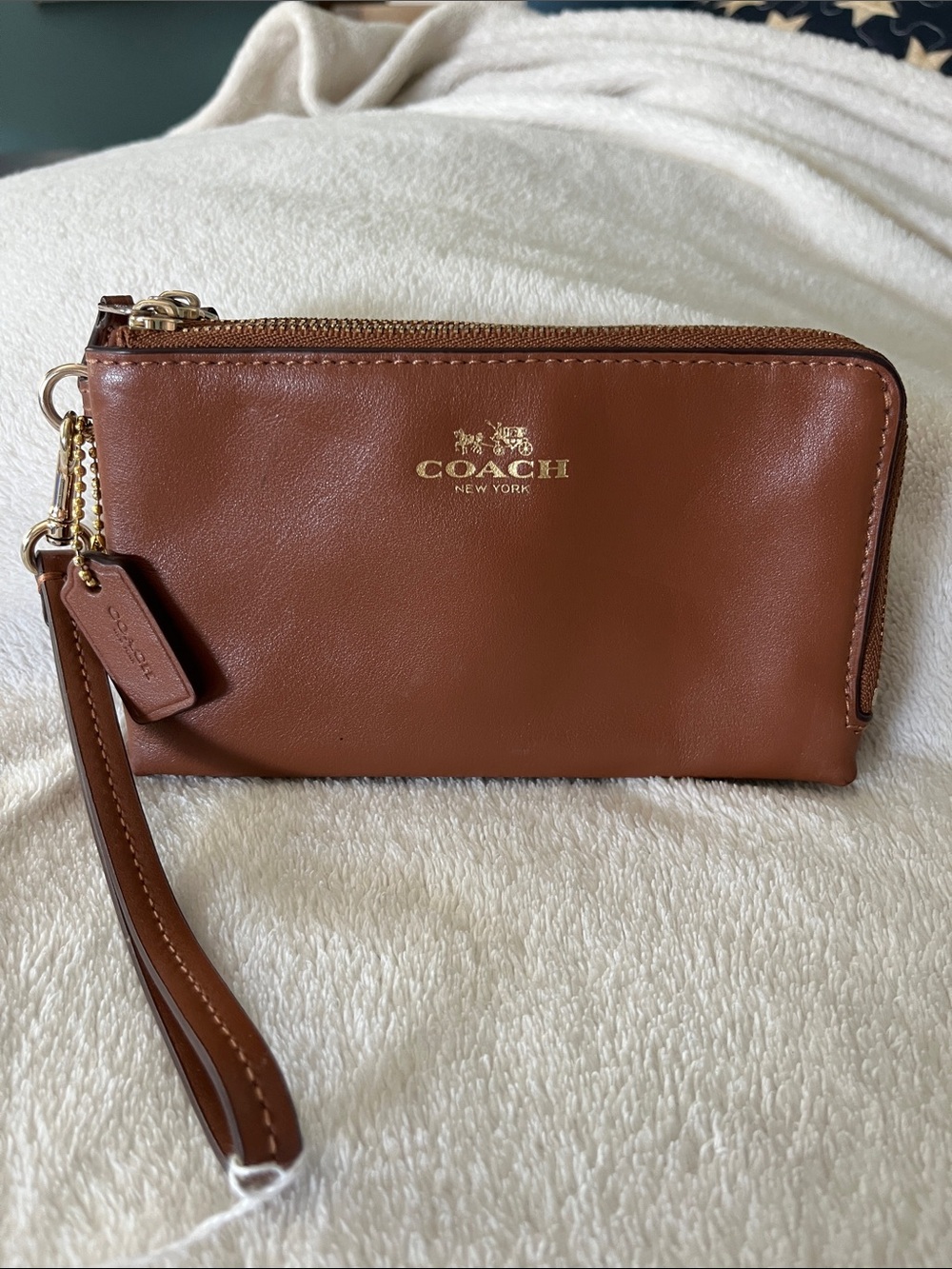 Coach Cognac Leather Wristlet with Gold Logo